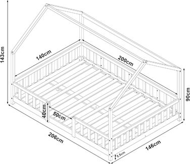en.casa Kids Bed Sisimiut House Bed 140 x 200 cm with Side Rails Wooden Bed for Children Floor Bed Slatted Frame Pine Wood Wood Finish Wood 140x200cm