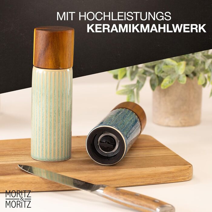 Набір з 2 мельниць для спецій Moritz & Moritz PEPE - сіль та перець, блакитний/зелений, з керамічним жорном, регульованим помолом та Click-системою