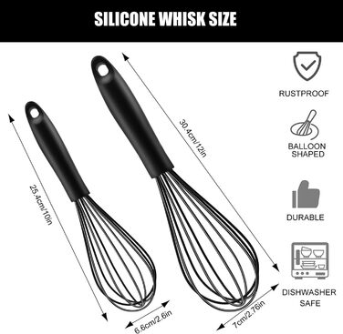 Набір силіконових вінчиків Schneebesen 2 шт. Чорний, для змішування, збивання, збивання та перемішування. Підходить для кухні, з нержавіючої сталі, з антипригарним покриттям.