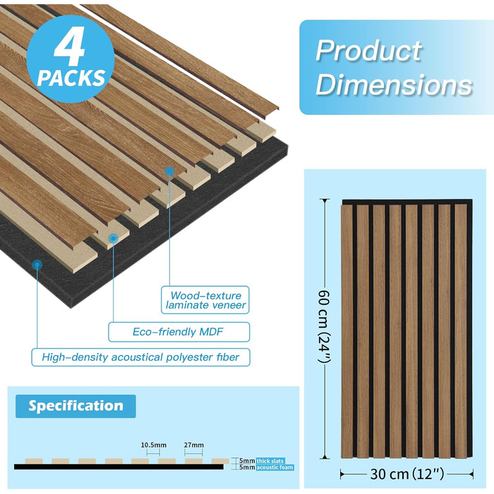 Акустичні панелі Art3d Темний горіх, 3D стінові панелі для звукоізоляції офісу, студії та вітальні, шпоноване дерево з фетровою основою, 60x30 см (набір 4 шт, 0.72 м²)