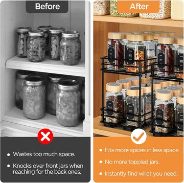 VINATO Висувна полиця для спецій на 2 яруси – органайзер для кухні з роликовими направляючими, підставка для спецій у шафку, полиця для спецій без свердління (26x15x21,8 см)