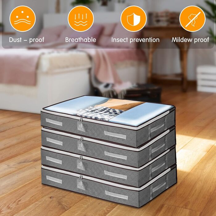 4 шт. Кошики для зберігання під ліжком з кришкою, великі складні коробки для зберігання з блискавкою, органайзери для одягу, постільної білизни та ковдр, посилені ручки (сірий)