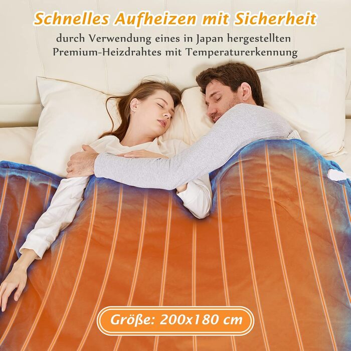 Електрична ковдра Mia&Coco з автовимкненням, 180x200 см, 10 рівнів нагріву, таймер до 9 годин, захист від перегріву, блакитна