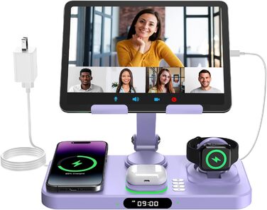 Багатофункціональна бездротова зарядка 6-в-1 для Apple: iPhone, iPad, Apple Watch (фіолетовий) з підсвіткою та регульованим підсвіткою