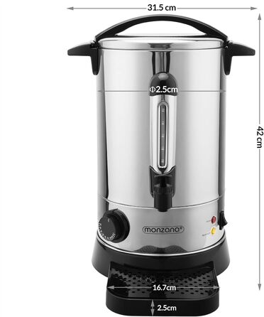 MONZANA® Glühwein Cooker 6.8L with Tap, Drip Tray, Thermostat 30-110°C, Hot Beverage Dispenser, Stainless Steel, Canning Pot, Punch Cooker, Hot Beverage Machine