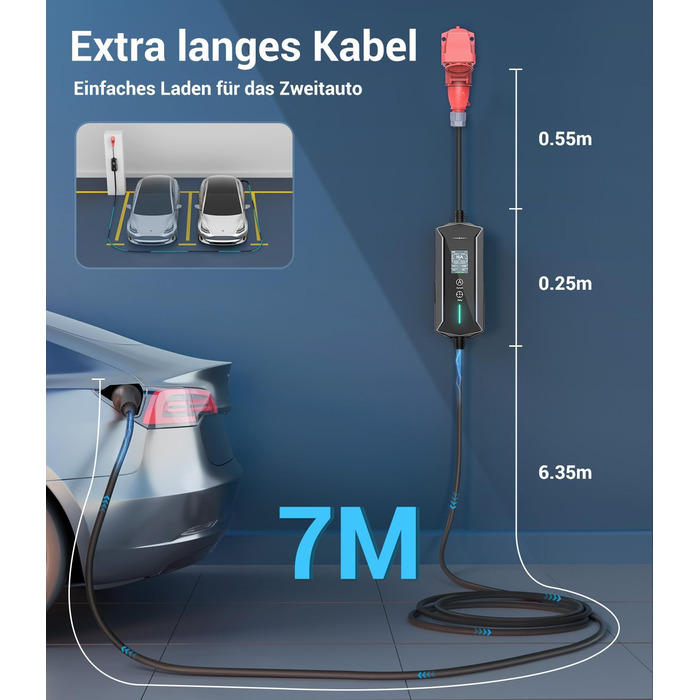 Портативний зарядний пристрій для електромобілів 11 кВт з LCD-дисплеєм, IP65, Schuko, 16A, для EV та PHEV