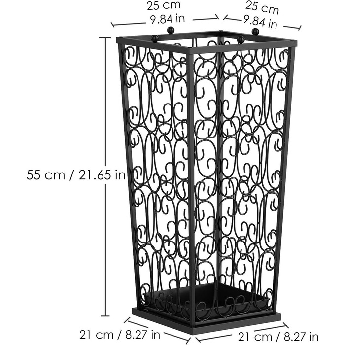 AcornFort Large Black Metal Umbrella Stand with 4 Hooks - Entryway, Office, Hallway Storage - Water Resistant Base (56x25x25cm)