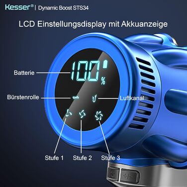 Бездротовий акумуляторний пилосос KESSER® з LED-дисплеєм | Тихий, без мішка, з антинамотувальною щіткою для твердих поверхонь, килимів та шерсті тварин (Синій/Золотий)