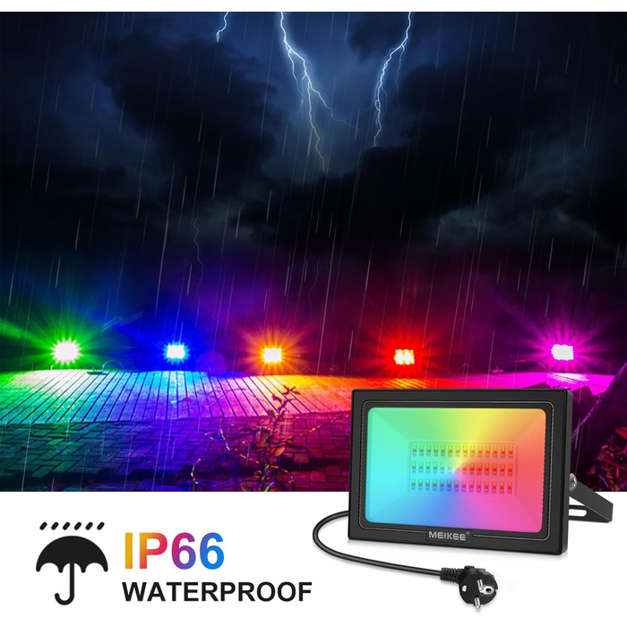 MEIKEE 60W RGB Floodlight with Remote Control, 30 Modes, 10 Colors, Timer, RGB Floodlight, IP66 Waterproof, 6 Brightness Levels, Spotlight, Colorful, Christmas, Halloween, Party, LED Floodlight, Decorative, 2 Pieces (1pc)