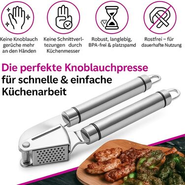 Ручна преса для часнику з нержавіючої сталі – професійний кухонний помічник для швидкого очищення та подрібнення часнику, прес для часнику з нержавіючої сталі, ергономічна, ідеальна для кожної кухні