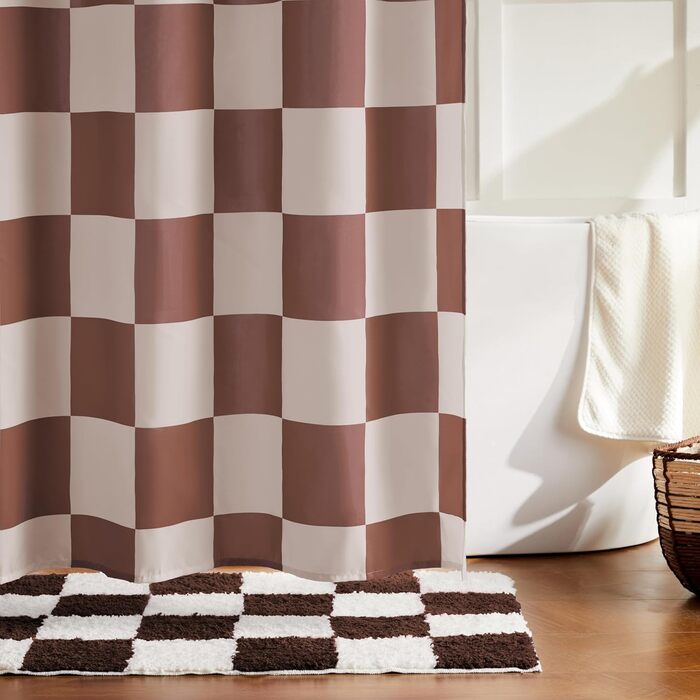 Тканинна шторка для душу в стилі ретро з шаховим візерунком, рожево-хакі, 183x183 см