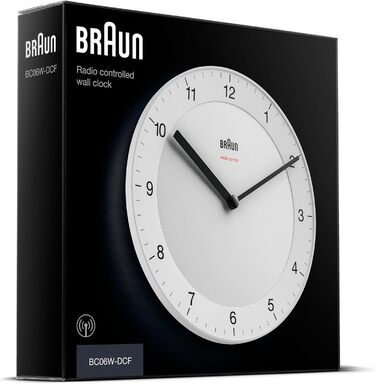 Braun Classic Radio Wall Clock, Central European Time Zone (CET/GMT+1) with a quiet movement, easy-to-read dial with a 20 cm diameter in white, model BC06W-DCF.