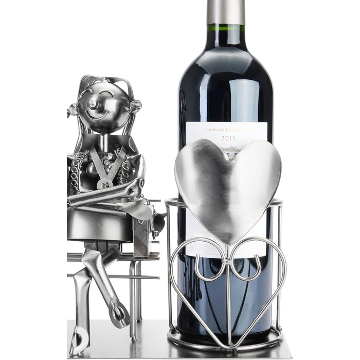 BRUBAKER Bottle Holder Men Loving Couple on Bench - Wine Bottle Holder Silver - Metal Bottle Stand Love - Metal Sculpture Gift for Married Couples with Gift Card (Woman + Man)