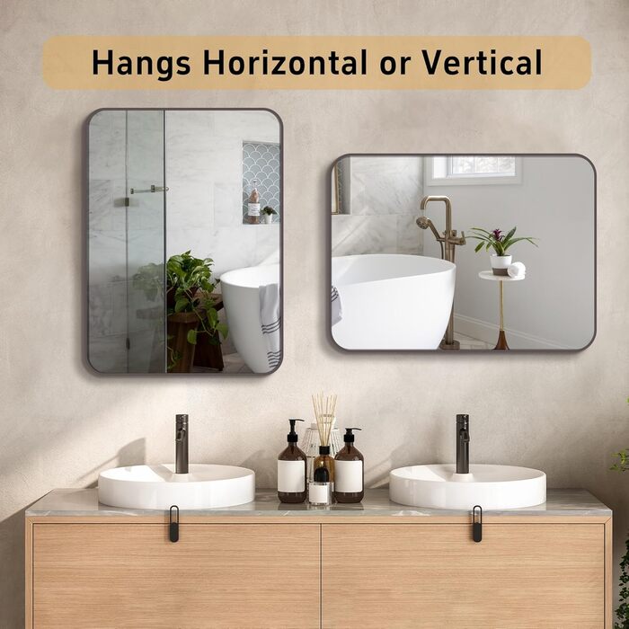 Дзеркало для ванної кімнати на стіну, титан, металевий каркас, з заокругленими кутами, прямокутне, 40,6 x 50,8 см