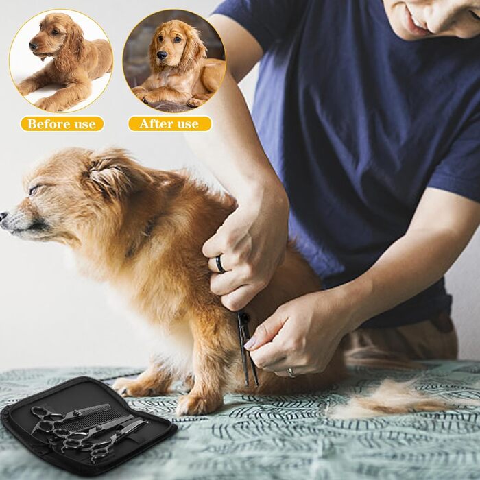 Професійні ножиці для грумінгу собак та котів: титанові, з округлими кінчиками, для грумінгу, з гребінцем (чорні)