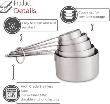 Stainless Steel Measuring Cups – 5-Piece Durable Measuring Cup Set for Dry Ingredients, Spices, or Liquids