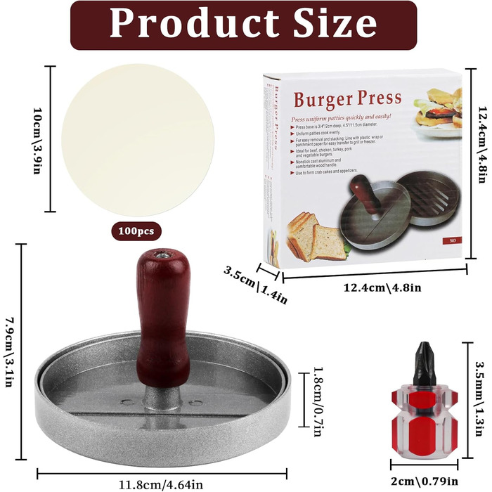 Пресс для бургерів та гамбургерів з алюмінію з антипригарним покриттям та 100 шт. паперу для випікання
