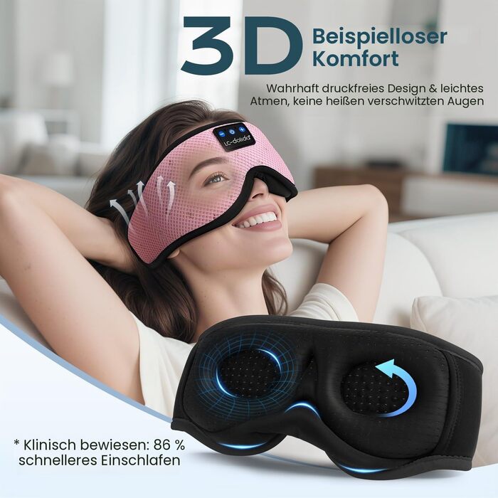Маска для сну з навушниками Bluetooth 5.4 Dolida, 3D м'яка маска для сну з мікрофоном, рожева - для подорожей, йоги, медитації