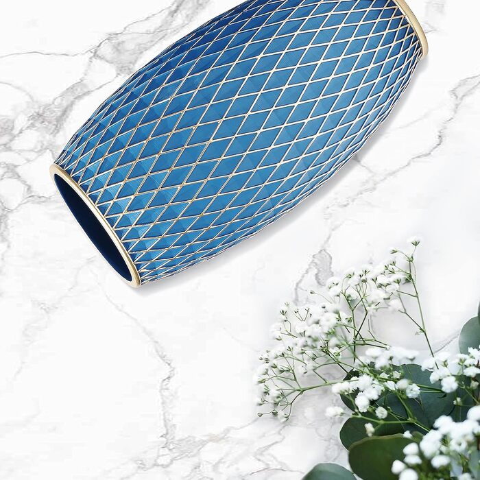 Декоративна ваза для дому, блакитно-золота, з діамантовим візерунком, овальна | Декор інтер'єру, подарунок на новосілля