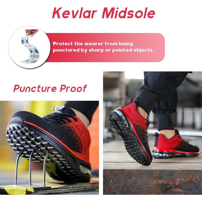 Легкі робочі черевики для чоловіків та жінок. Безпечні, антиковзкі, спортивного стилю, зі сталевим підноском. Дихаючі робочі черевики (40 EU, Червоний)