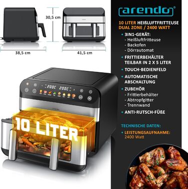 Аерофритюрниця Arendo XXL 10л з двома камерами - мультипеч, гриль, сушарка для продуктів. Фритюрниця без олії для піци, курки, картоплі фрі
