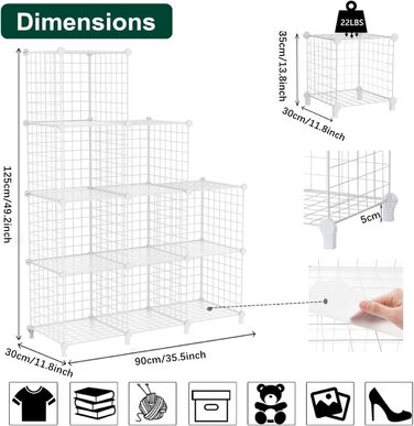AWTATOS Regal 12 Regal Wire Cube Stackable Shelf Cube DIY Metal Grid Shelf Cube Bookshelf Cube Shelf With Doors For Living Room, Bedroom, Bathroom USCIH12BE (Medium, White)