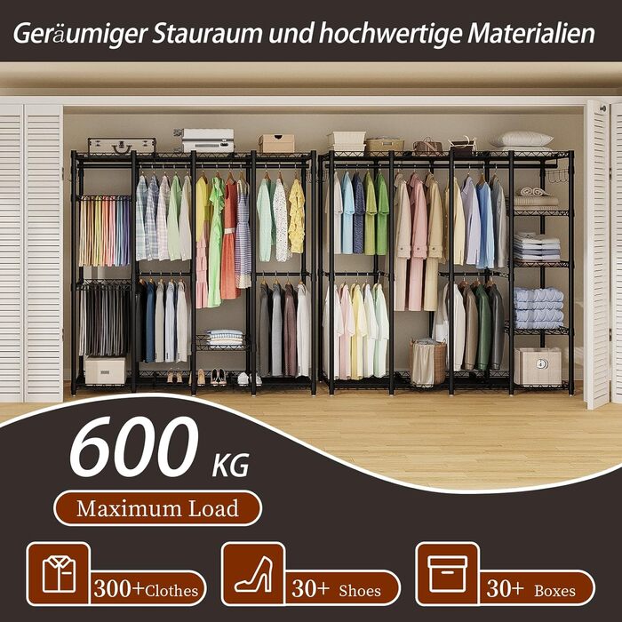 Відкритий шафа-система AQRA: зручний шафа-організатор з 9 полицями та 5 штангами для одягу, стійка для одягу з місткою конструкцією (193.5x43.5x195 см)