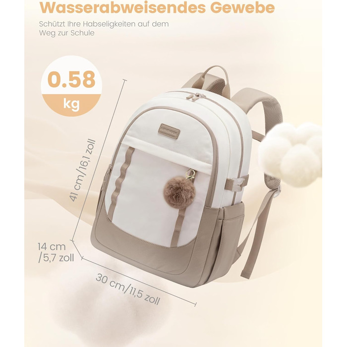 Шкільний рюкзак LOVEVOOK для дівчаток-підлітків, 15.6 дюймів, з відділенням для ноутбука, легкий, з помпоном, для школи, середньої школи, світло-жовтогарячий (15.6 дюймів, Y-бежевий світло-фіолетовий)