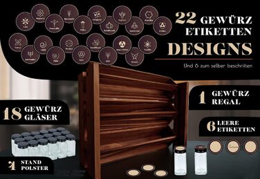 Elegant dark spice rack, wood, standing & wall mounted. 18 SPICE JARS, 25 LABELS. Spice organizer, spice rack, kitchen shelf, wood, vintage. Spice rack - spice rack system hanging - spice storage