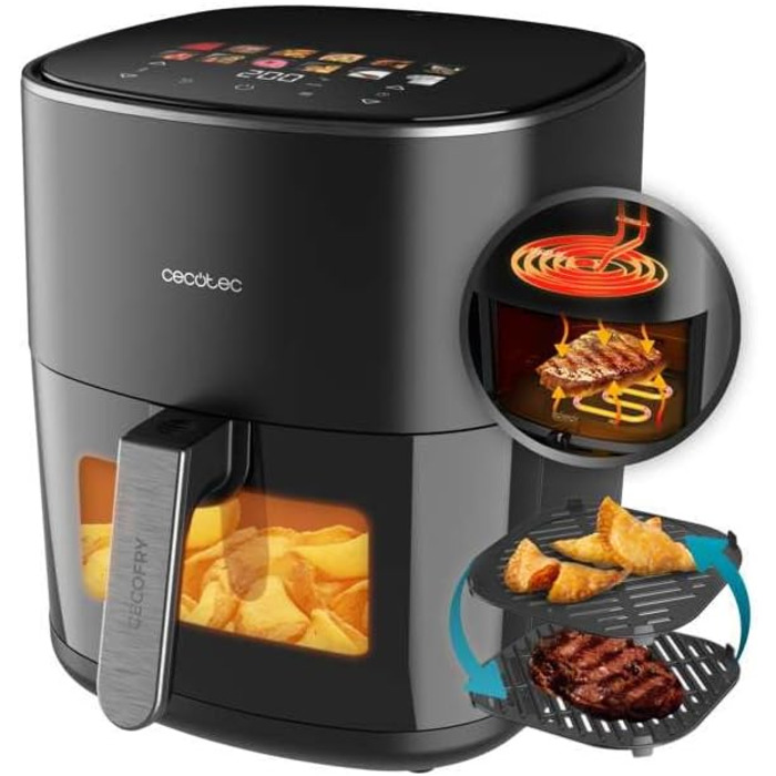 Cecotec Oil-Free Hot Air Fryer 6.5L Grill Plate - Grill - Double Heating Elements - Air Fryer Cecofry&Grill Duoheat 6500. 2200W, Dietetic and Digital, Window, Temperature Control 40-200°C, 12 Menus