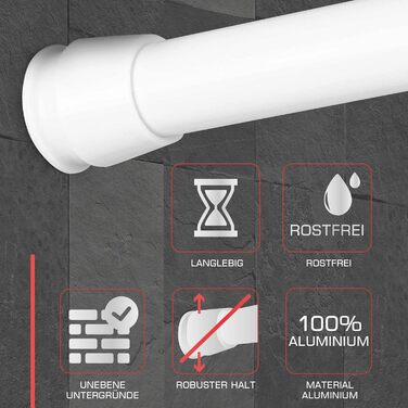 Телескопічна штанга для душу без свердління, 140-260 см, регульована – штанга для карнизів, що кріпиться без свердління, протиковзна, для душу, біла