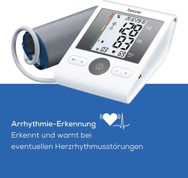 Тонометр Beurer BM28 на плече з індикатором тиші, позиціонуванням манжети та кольоровою індикацією ризику; підходить для вагітних