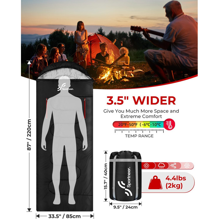 Сплячий мішок Sportneer Outdoor - ковдровий спальний мішок 3-4 сезони для дорослих, теплий, для кемпінгу, подорожей та активного відпочинку, 220x85 см, чорний