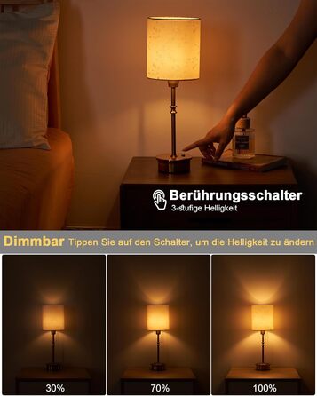 OCEST Настільна лампа на акумуляторі, сенсорне керування, регульована яскравість, для дому, кухні, тераси, їдальні (античне латунь-льон), плафон з шовку 41,5 см