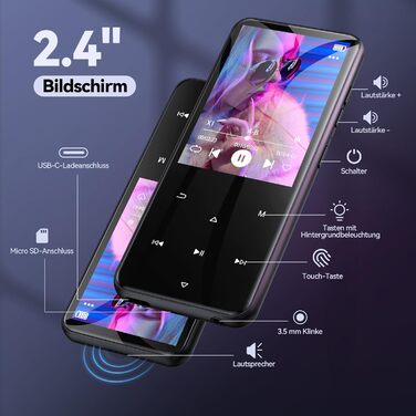 MP3-плеєр AGPTEK 64GB з Bluetooth 5.3, TFT-екраном 2.4