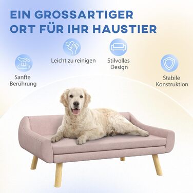 Диванчик для собак та котів PawHut з підлокітником, м'який лежак для домашніх тварин з дерев'яними ніжками, з подушкою, для собак середніх та великих порід, оксамит, 102 x 58,5 x 42,5 см (Рожевий)