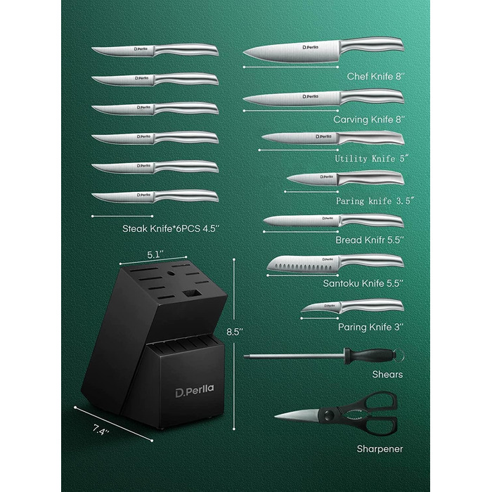 D.Perlla Professional 16-Piece Knife Set with Wooden Block - Extra Sharp & Ergonomic Stainless Steel Kitchen Knives