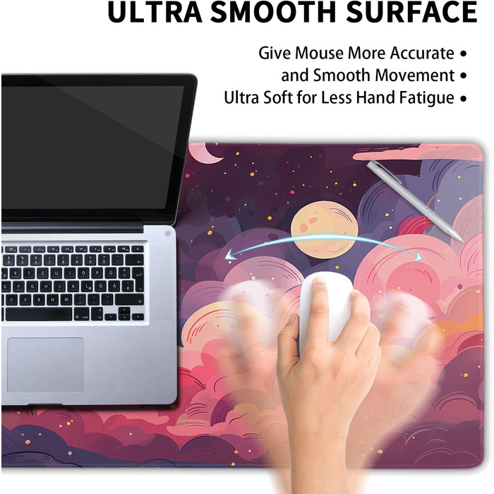 Килимок для миші Japanisches Mauspad, 90 x 40 см, у стилі аніме, дизайн мистецтва, великий ігровий килимок, клавіатура, підкладка під стіл, нековзна гумова основа, прошиті краї, для дому та офісу (XX-Large, Рожевий, Фіолетовий, Хмара)