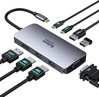 Док-станція для 2 моніторів, USB-C хаб 8 в 1: адаптер DisplayPort, HDMI, VGA, USB 2.0, PD 100W, для ноутбуків Dell, Thinkpad, Huawei (сірий)