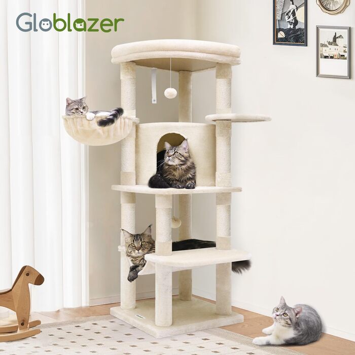 Драбина для котів Globlazer велика, стабільна кутова з котячим будиночком, платформа, гамак, м'який кошик, 130 см, для великих котів (C51, XL, Бежевий)