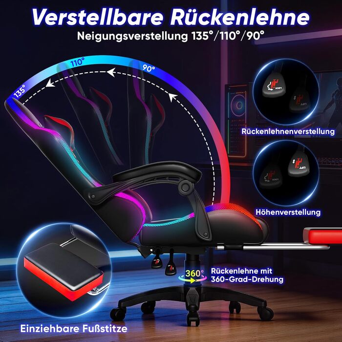Геймерське крісло Czlolo RGB LED з підставкою для ніг, ергономічне офісне крісло для комп'ютера, блакитне (RGB-червоне)