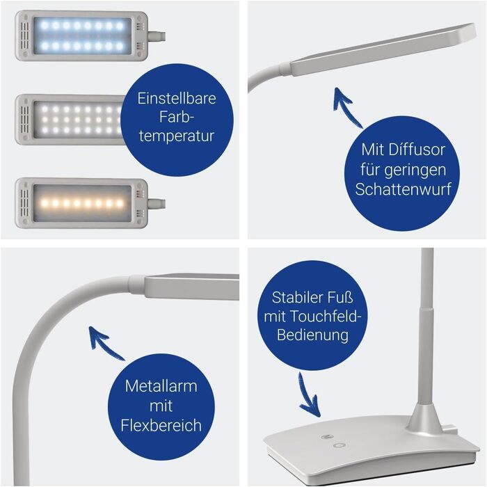 LED-лампа настільна MAULpearly colour vario, диммування – потужне освітлення робочого місця, 3000-6500K, срібло