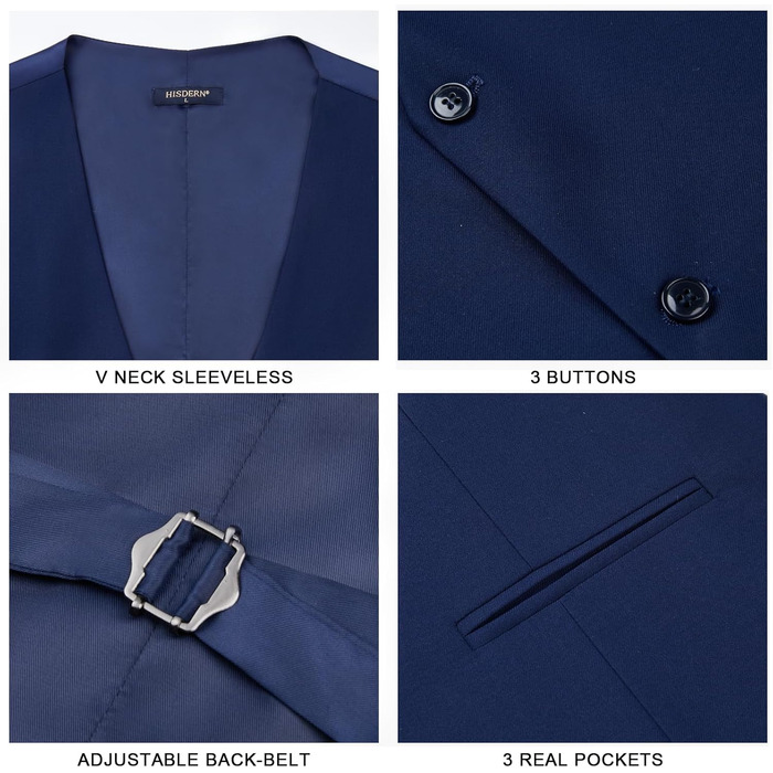 Костюмний жилет чоловічий HISDERN, темно-синій, бавовна, однотонний, V-подібний виріз, з кишенями, для вечірки, весілля, бізнесу