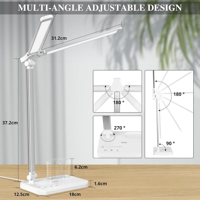 iVict LED лампа для столу з двома шарнірними руками, сенсорне керування, 5 режимів, таймер, USB-порт, пам'ять, для дітей, біла