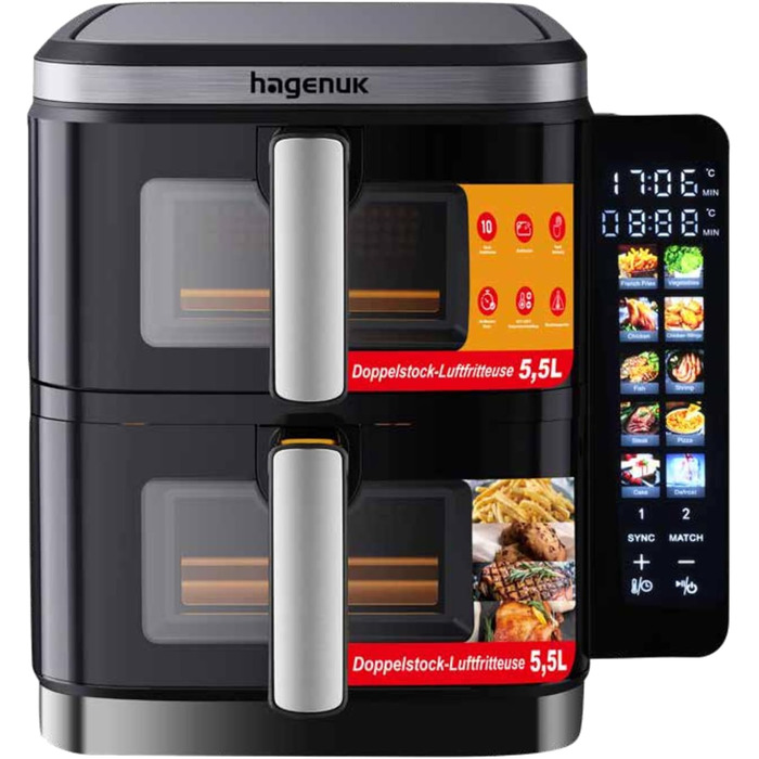 Преміум фритюрниця Hagenuk DAF 2800.12 з подвійним нагрівом, 2 х 5,5 л, 10 програм, Touchscreen, Grill-функція, Made in Germany