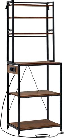 Кухонна полиця WOLTU з 6 ярусами та розетками, мікрохвильова полиця з 6 гачками, полиця пекаря з металевим каркасом, регульовані полиці, Чорний+Рустикальне коричневий, 60 x 167 x 40 см, Чорний+Вінтажний коричневий 60 x 39,5 x 167 см