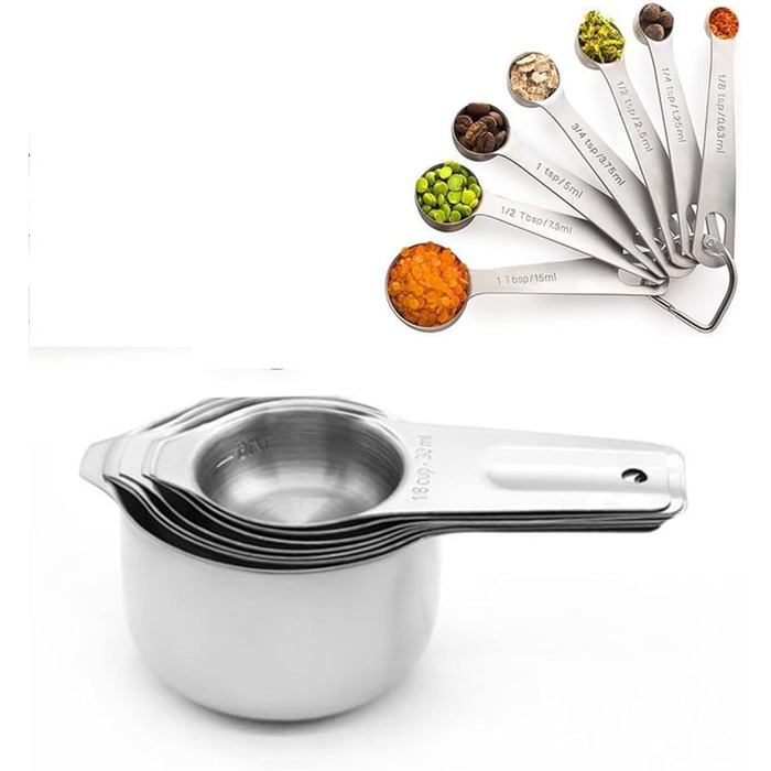 Uadme Measuring Spoon Measuring Cup Set, 7-Piece Stainless Steel Measuring Cup Set Stackable Measuring Spoons with D-Rings for Measuring Dry and Liquid Ingredients