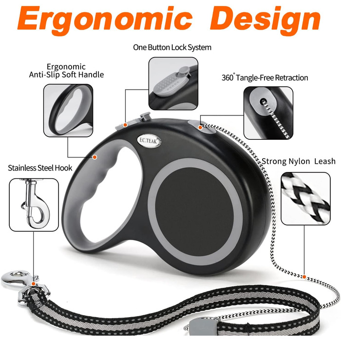 Висувна собача шлейка, 9.1 м, для середніх та великих собак до 35 кг, міцна, не заплутується, розмір L, чорна