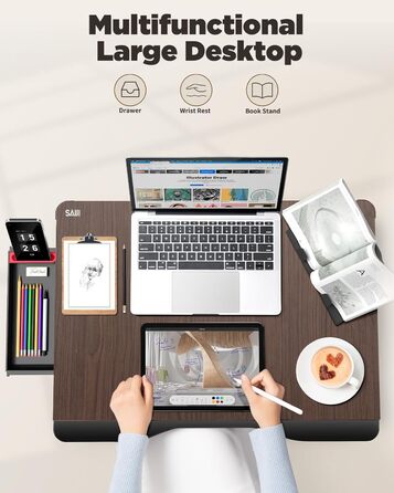 SAIJI Стіл-таблетка для ноутбука XXL, розкладний, для підлоги, дивану, їжі, роботи, ігор, навчання з ящиком, підставка для книг, підставка для планшета/телефону (65*49*30 см, світло-чорний)