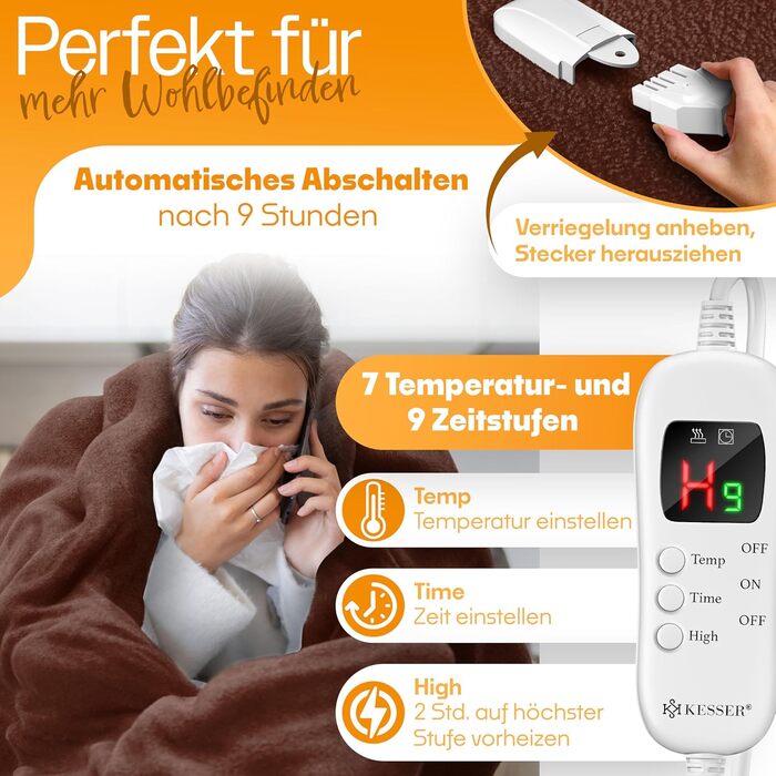 Електрична гріюча ковдра KESSER® з плюшу 180x130 см сірого кольору | з таймером автоматичного вимкнення | 9 температурних режимів | з цифровим дисплеєм | пральна до 40°C | сертифікат TÜV SÜD GS